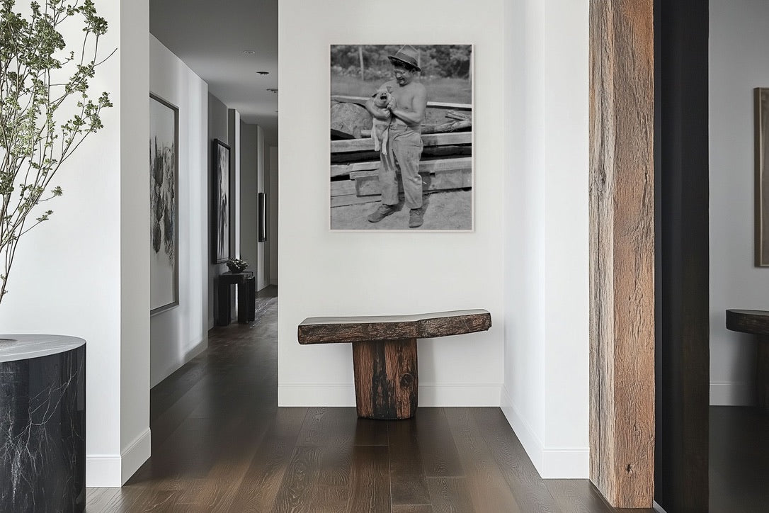 Vintage Farmer with Pig Photograph | 1930s Rural America Photo | Farm Life Black & White Wall Art | Rustic Farmhouse Decor