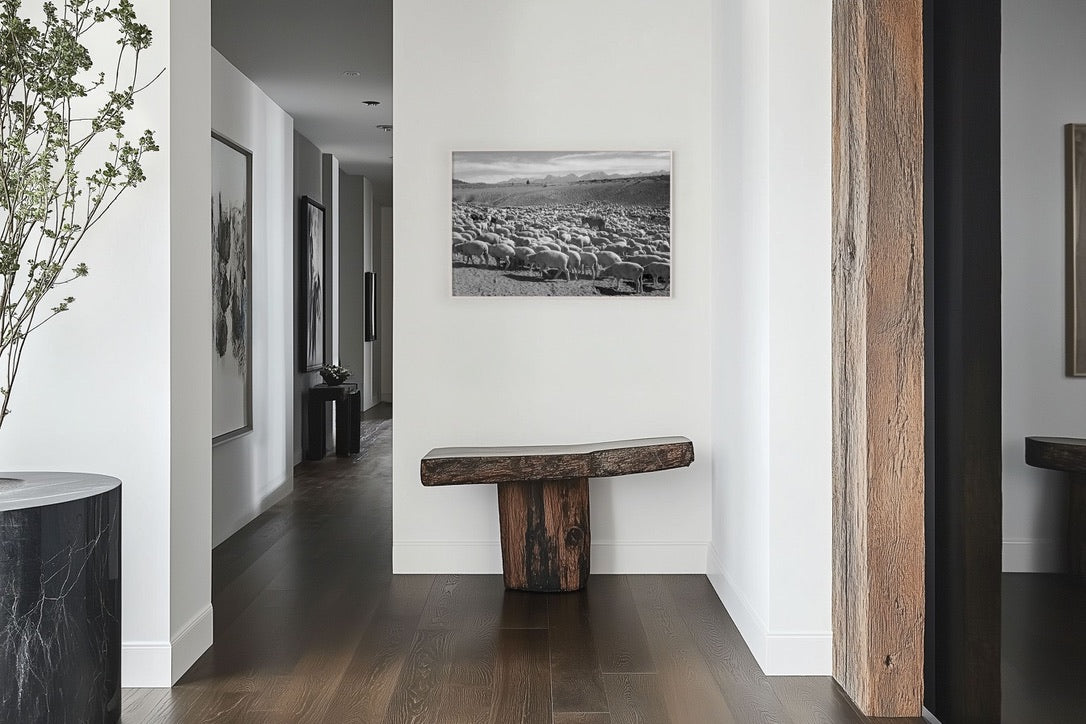 Ansel Adams Sheep Herd Landscape | Vintage Western Ranch Photography | Black & White Farm Scene | Rustic Western Wall Art