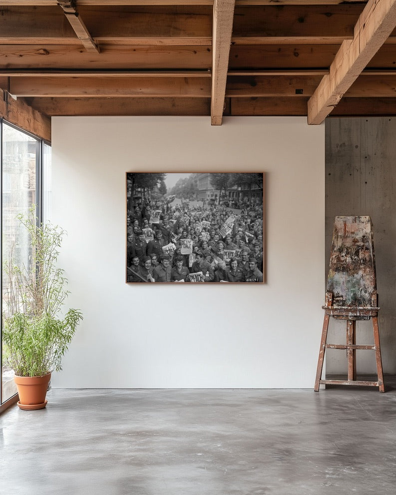 WWII Soldiers Celebrate Peace | Vintage VE Day Photograph | Historic World War II Crowd Scene | Black & White Americana Wall Art