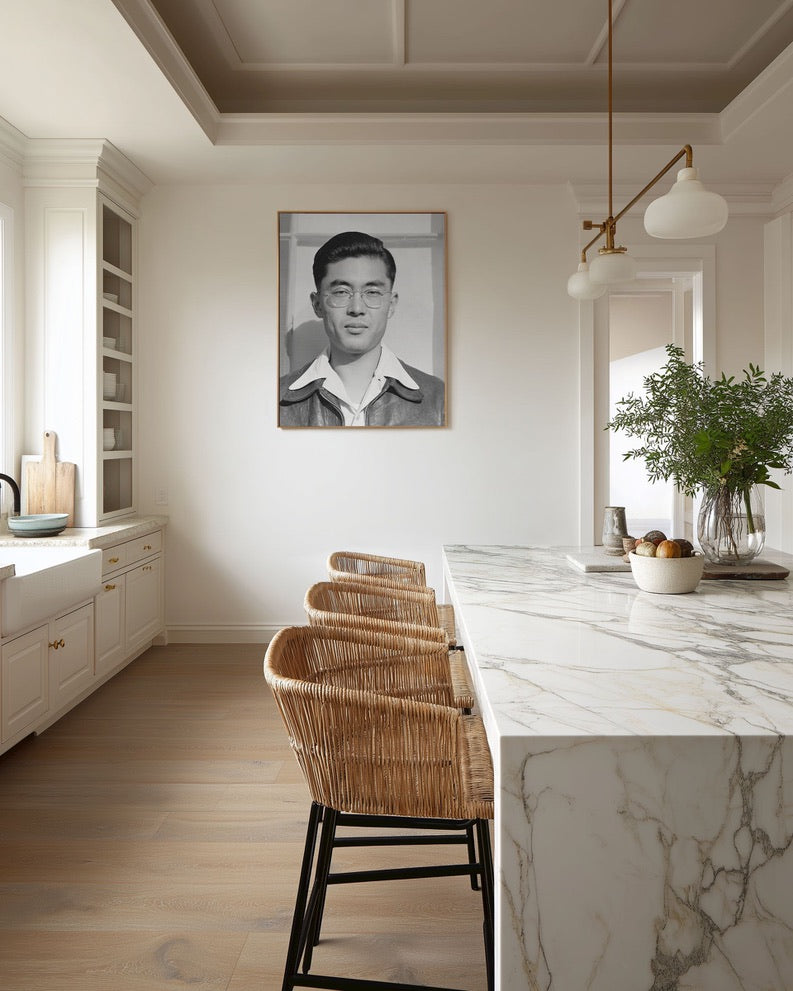 Ansel Adams Manzanar Portrait (1943) | Japanese American History Photo |  Black & White Giclée Wall Art | industrial interior