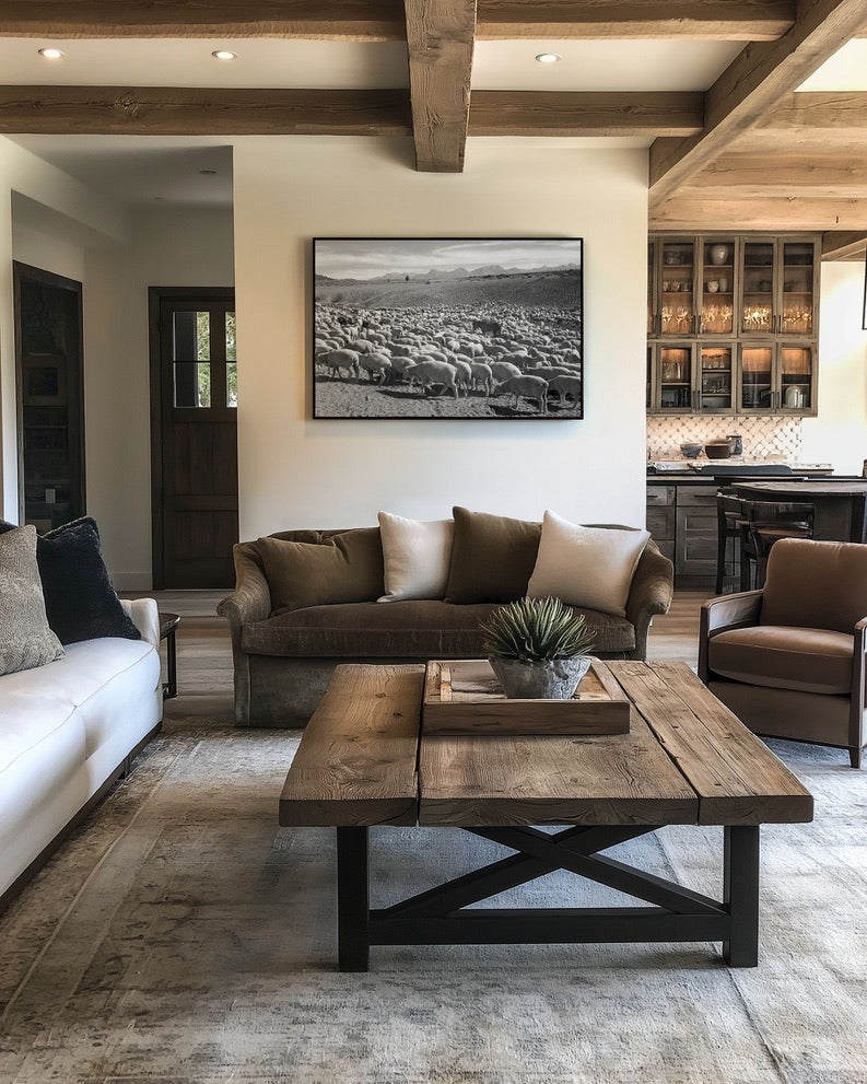 Ansel Adams Sheep Herd Landscape | Vintage Western Ranch Photography | Black & White Farm Scene | Rustic Western Wall Art