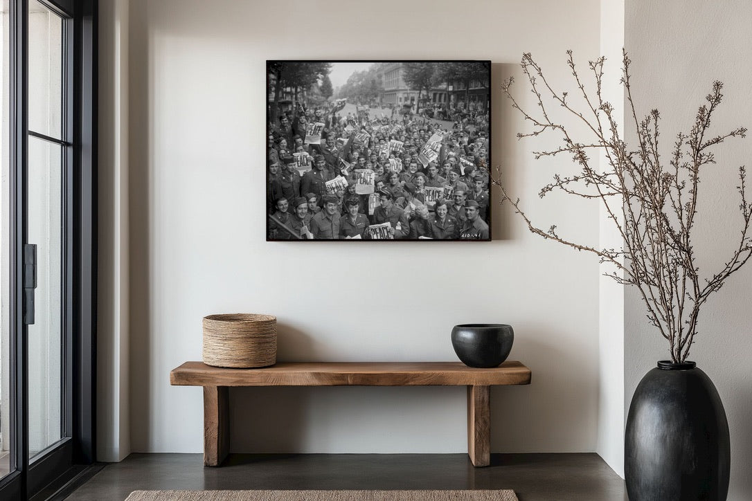 WWII Soldiers Celebrate Peace | Vintage VE Day Photograph | Historic World War II Crowd Scene | Black & White Americana Wall Art