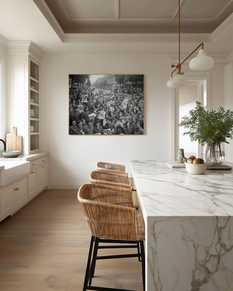 WWII Soldiers Celebrate Peace | Vintage VE Day Photograph | Historic World War II Crowd Scene | Black & White Americana Wall Art