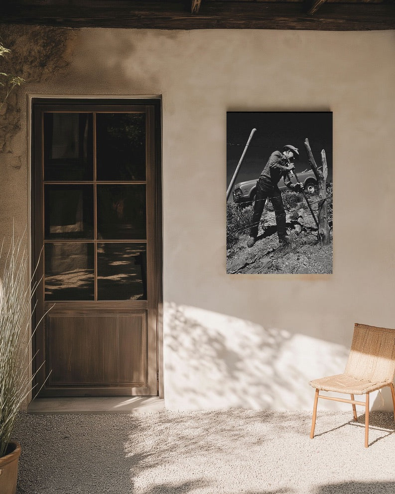 Vintage Cowboy Fence Repair Photograph | Western Ranch Wall Art | Black & White Cowboy Photography | Rustic Americana Decor