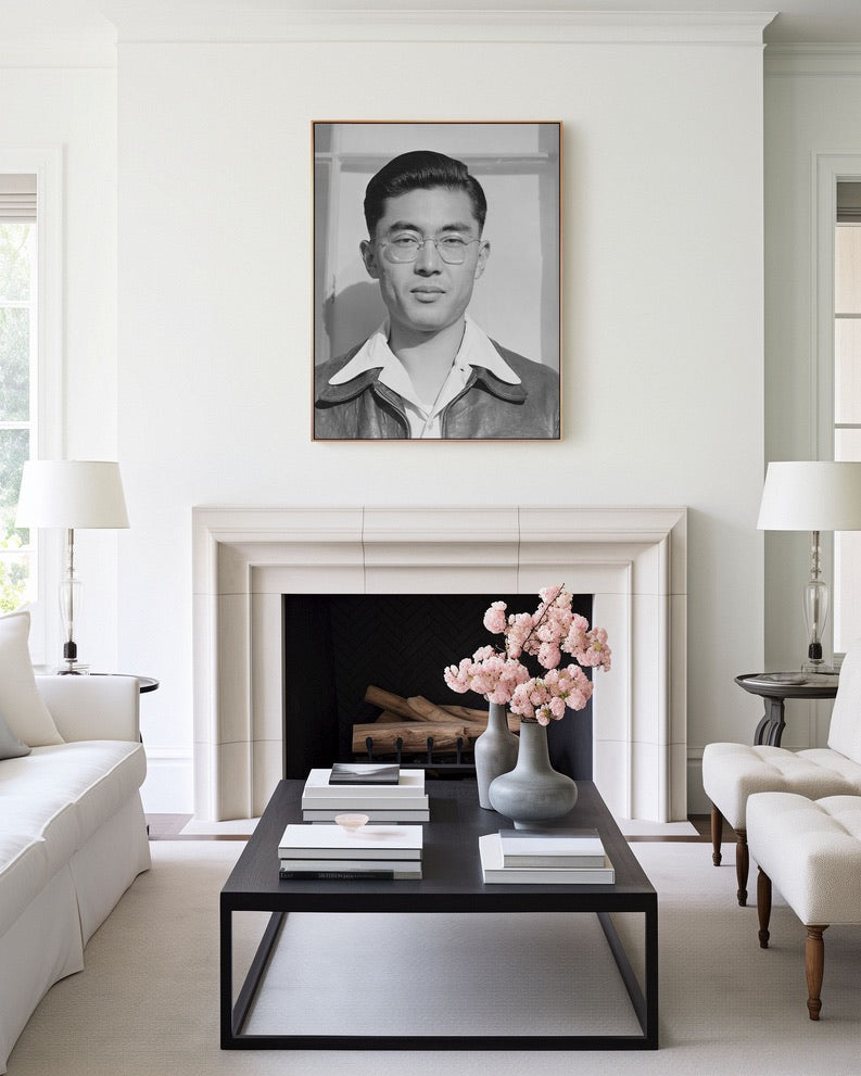Ansel Adams Manzanar Portrait (1943) | Japanese American History Photo |  Black & White Giclée Wall Art | industrial interior