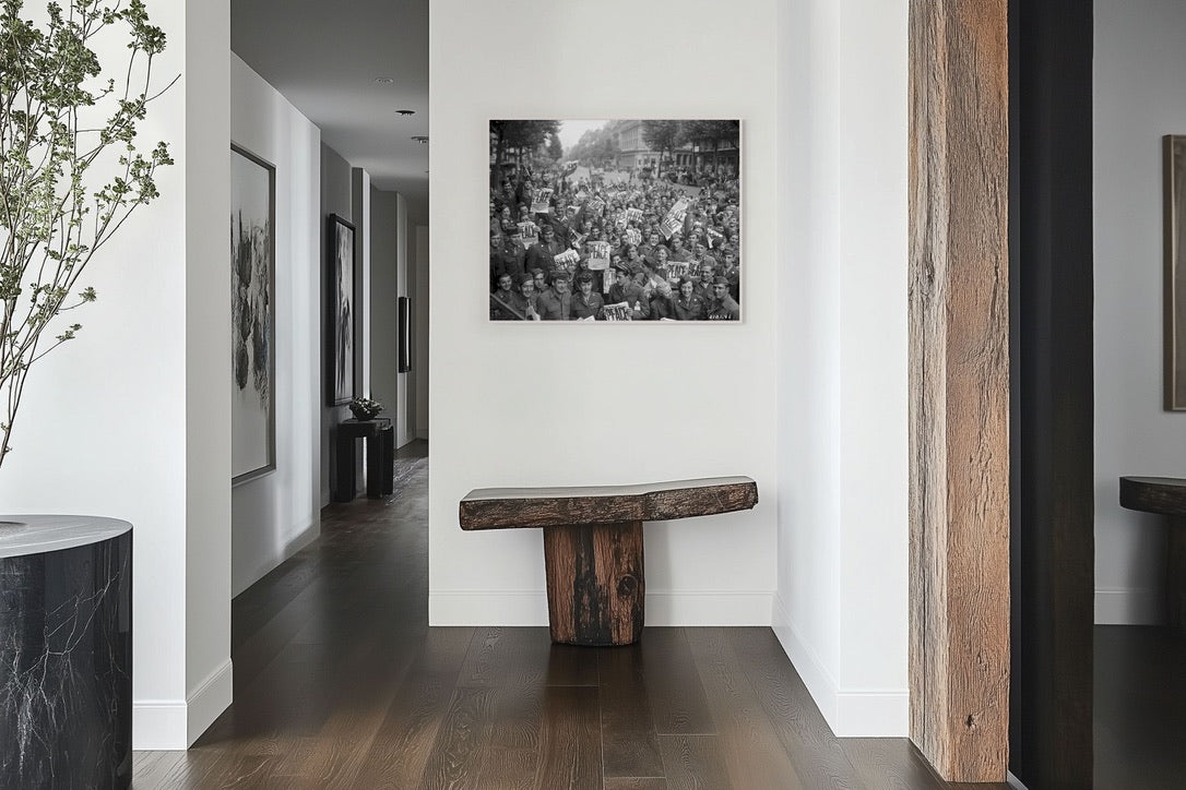 WWII Soldiers Celebrate Peace | Vintage VE Day Photograph | Historic World War II Crowd Scene | Black & White Americana Wall Art